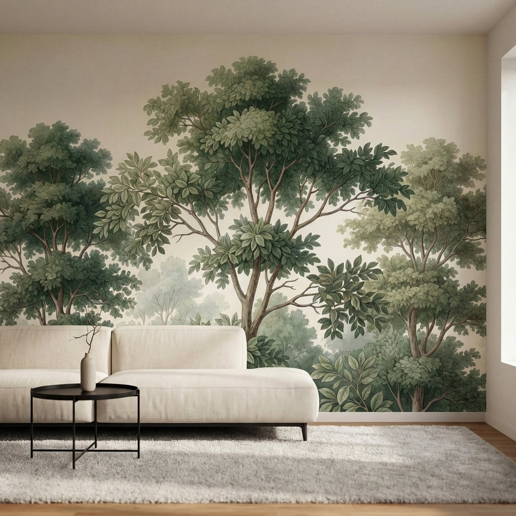 papier peint panoramique arbres foret anglaise branchages detailles feuillage de-1