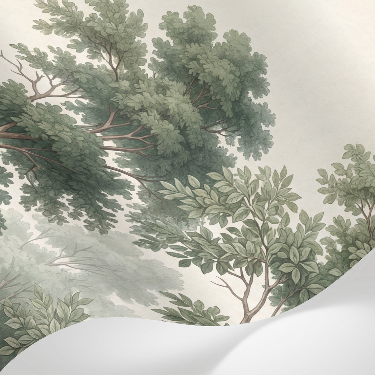 Papier peint panoramique arbres - Forêt anglaise branchages détaillés feuillage dense tons vert sauge et beige sur mesure - Matière