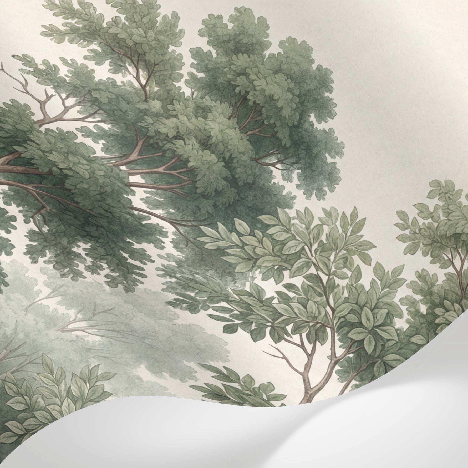 Papier peint panoramique arbres - Forêt anglaise branchages détaillés feuillage dense tons vert sauge et beige sur mesure - Matière
