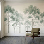papier peint panoramique arbres foret eucalyptus aquarelle brouillard tons vert -2