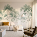 papier peint panoramique arbres foret eucalyptus aquarelle brouillard tons vert -6