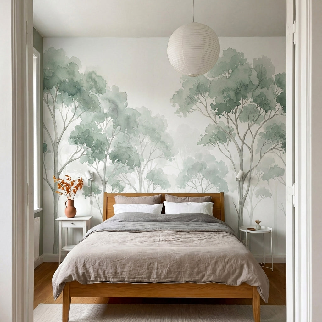 papier peint panoramique arbres foret eucalyptus aquarelle brouillard tons vert -7