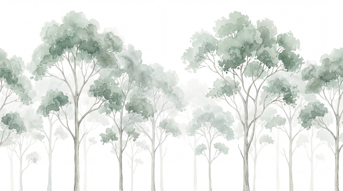 Papier peint panoramique arbres - Forêt eucalyptus aquarelle brouillard tons vert sauge et gris blanc sur mesure - Design