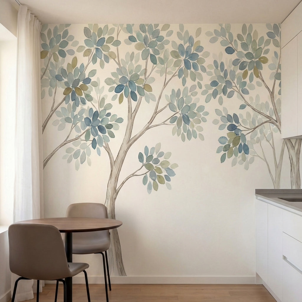 papier peint panoramique arbres foret stylisee branches entrelacees feuillage aq-1