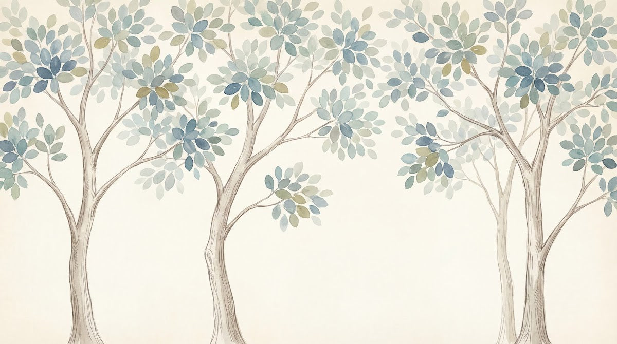 Papier peint panoramique arbres - Forêt stylisée branches entrelacées feuillage aquarelle tons beige crème et vert sauge sur mesure - Design