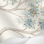 Papier peint panoramique arbres - Forêt stylisée branches entrelacées feuillage aquarelle tons beige crème et vert sauge sur mesure - Matière