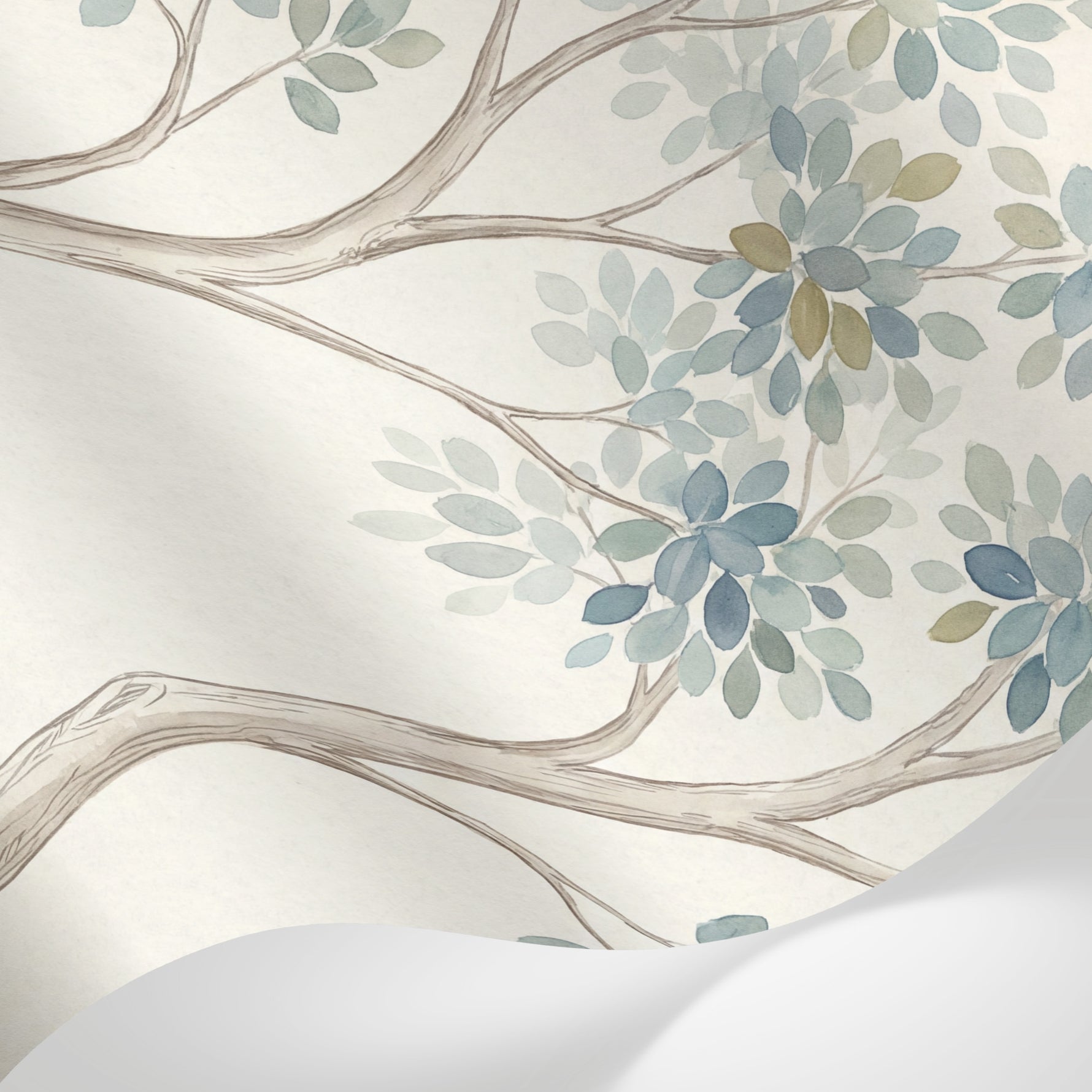 Papier peint panoramique arbres - Forêt stylisée branches entrelacées feuillage aquarelle tons beige crème et vert sauge sur mesure - Matière