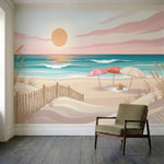 papier peint panoramique bord de mer plage coucher soleil parasols dunes herbes -2