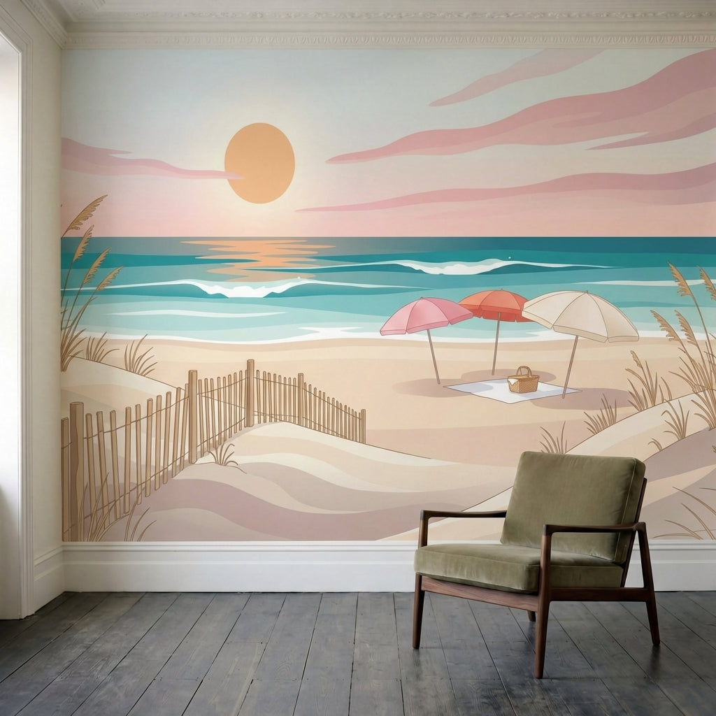 papier peint panoramique bord de mer plage coucher soleil parasols dunes herbes -2