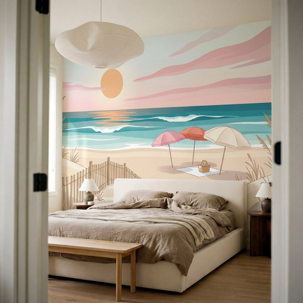 papier peint panoramique bord de mer plage coucher soleil parasols dunes herbes -6
