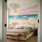 papier peint panoramique bord de mer plage coucher soleil parasols dunes herbes -6