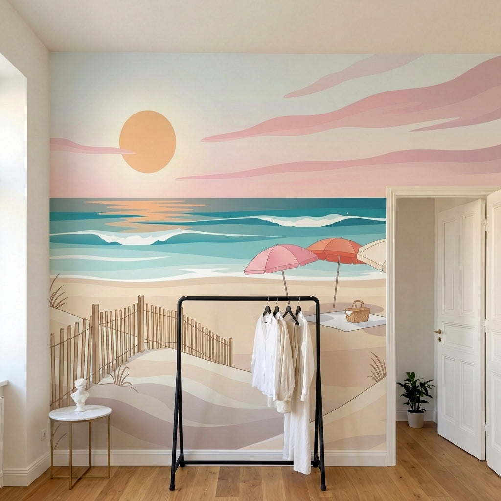 papier peint panoramique bord de mer plage coucher soleil parasols dunes herbes -HERO-10