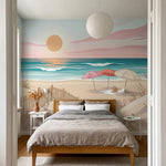 papier peint panoramique bord de mer plage coucher soleil parasols dunes herbes -VARIANTE-10
