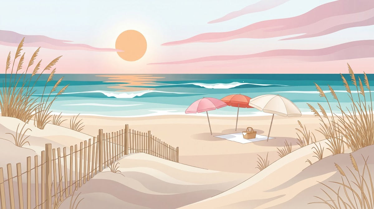 Papier peint panoramique bord de mer - Plage coucher soleil parasols dunes herbes folles fond beige rosé sur mesure - Design