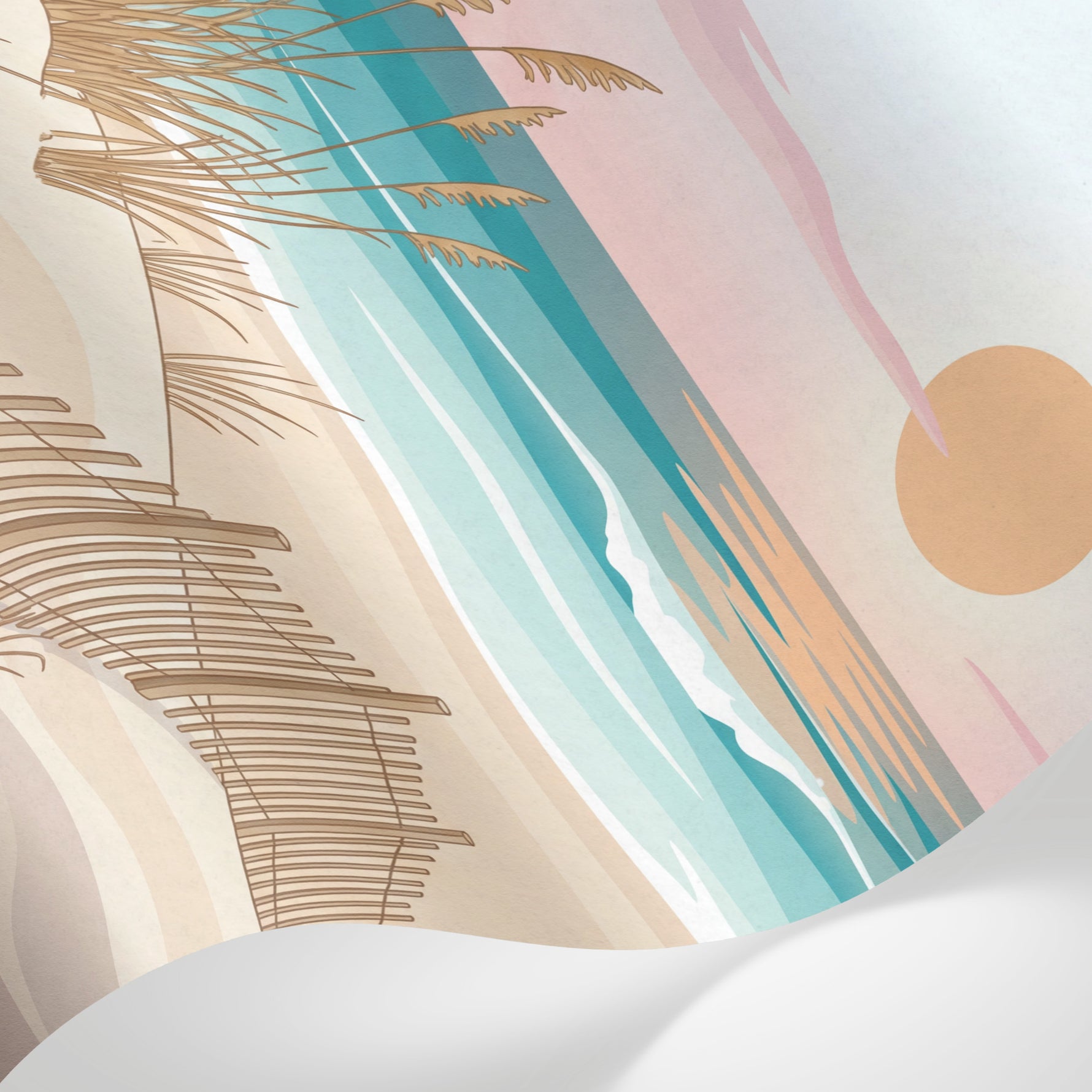Papier peint panoramique bord de mer - Plage coucher soleil parasols dunes herbes folles fond beige rosé sur mesure - Matière