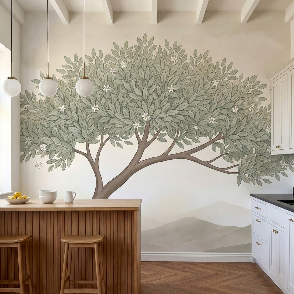 papier peint panoramique botanique arbre solitaire feuillage etoile fleurs blanc-1