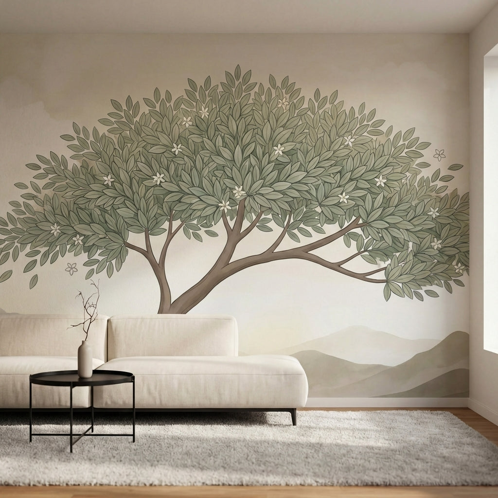 papier peint panoramique botanique arbre solitaire feuillage etoile fleurs blanc-4