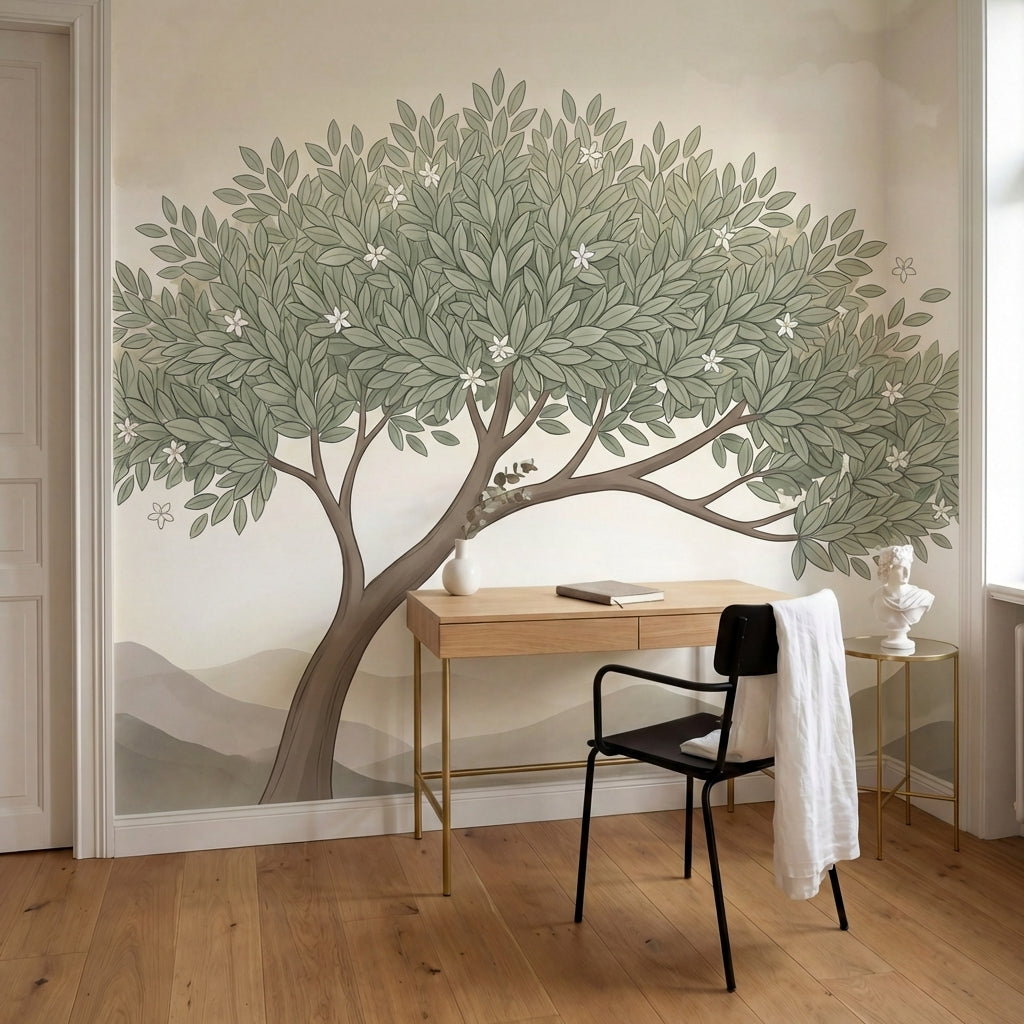 papier peint panoramique botanique arbre solitaire feuillage etoile fleurs blanc-7