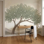 papier peint panoramique botanique arbre solitaire feuillage etoile fleurs blanc-7