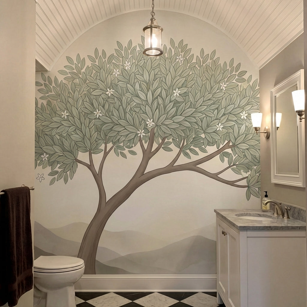 papier peint panoramique botanique arbre solitaire feuillage etoile fleurs blanc-VARIANTE-10