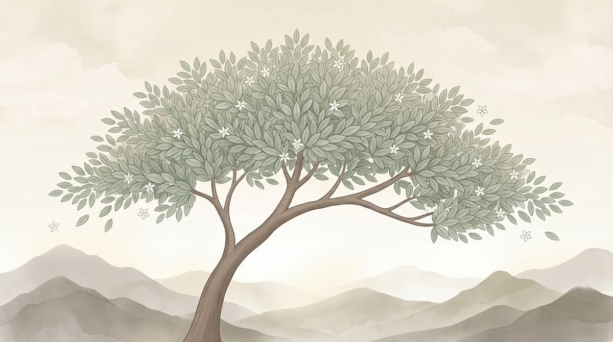 Papier peint panoramique botanique - Arbre solitaire feuillage étoilé fleurs blanches montagnes beige crème sur mesure - Design