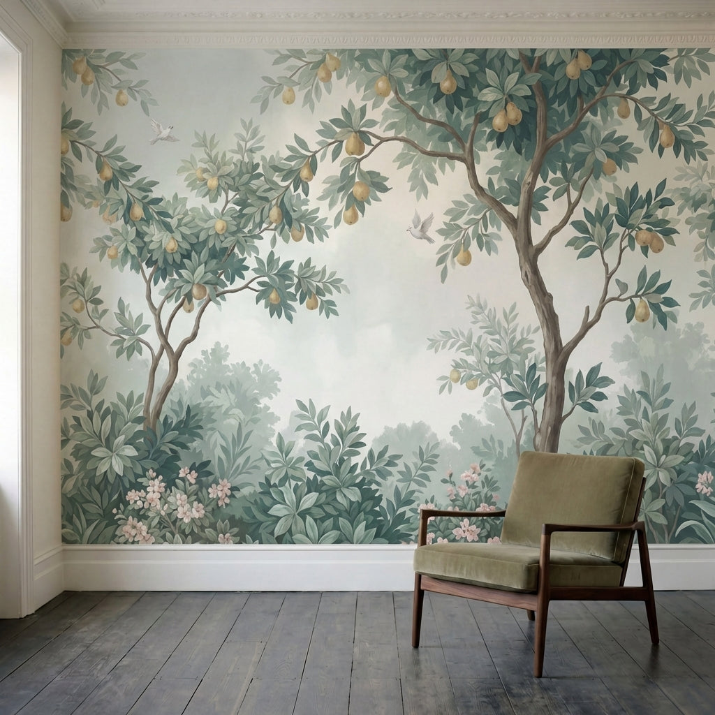 papier peint panoramique botanique arbres fruitiers feuillage vert sauge et frui-1