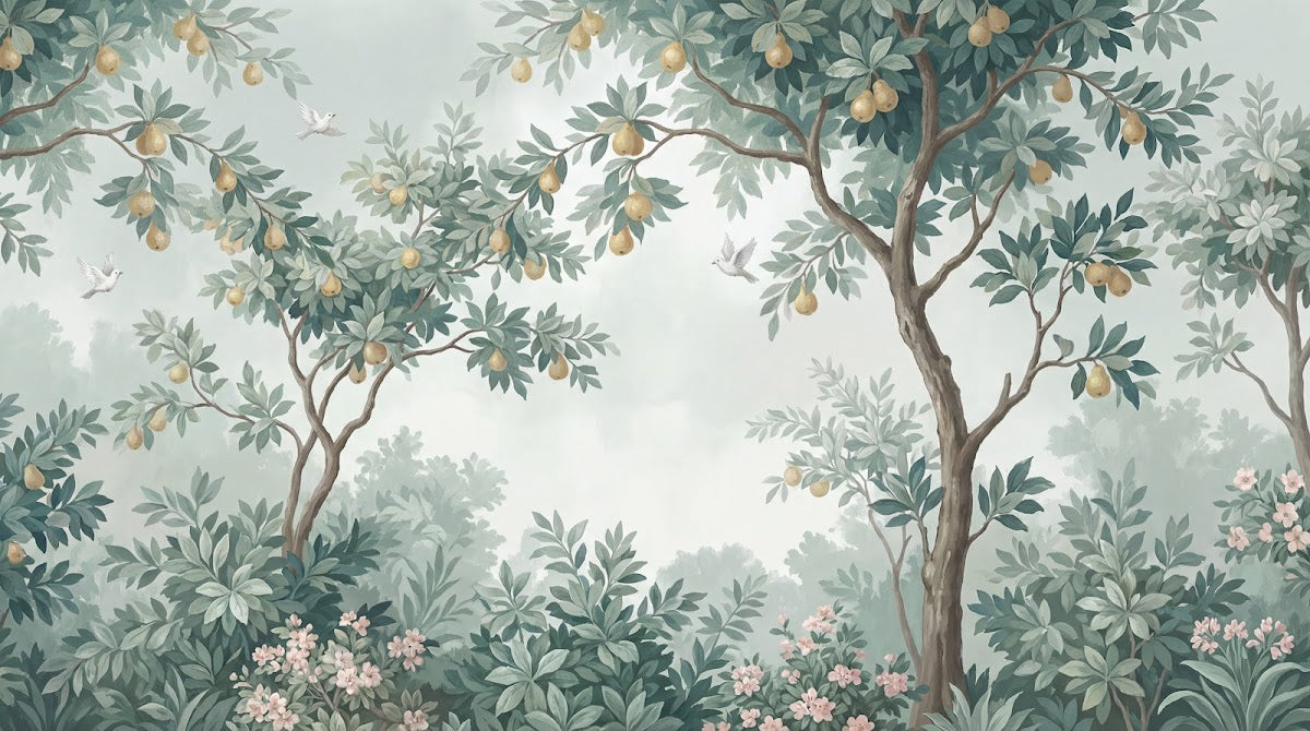 Papier peint panoramique botanique - Arbres fruitiers feuillage vert sauge et fruits dorés sur mesure - Design