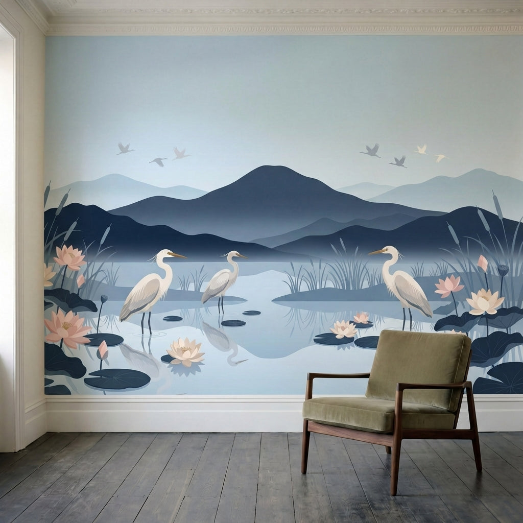papier peint panoramique brume herons etang lotus nenuphars montagnes tons bleu -1