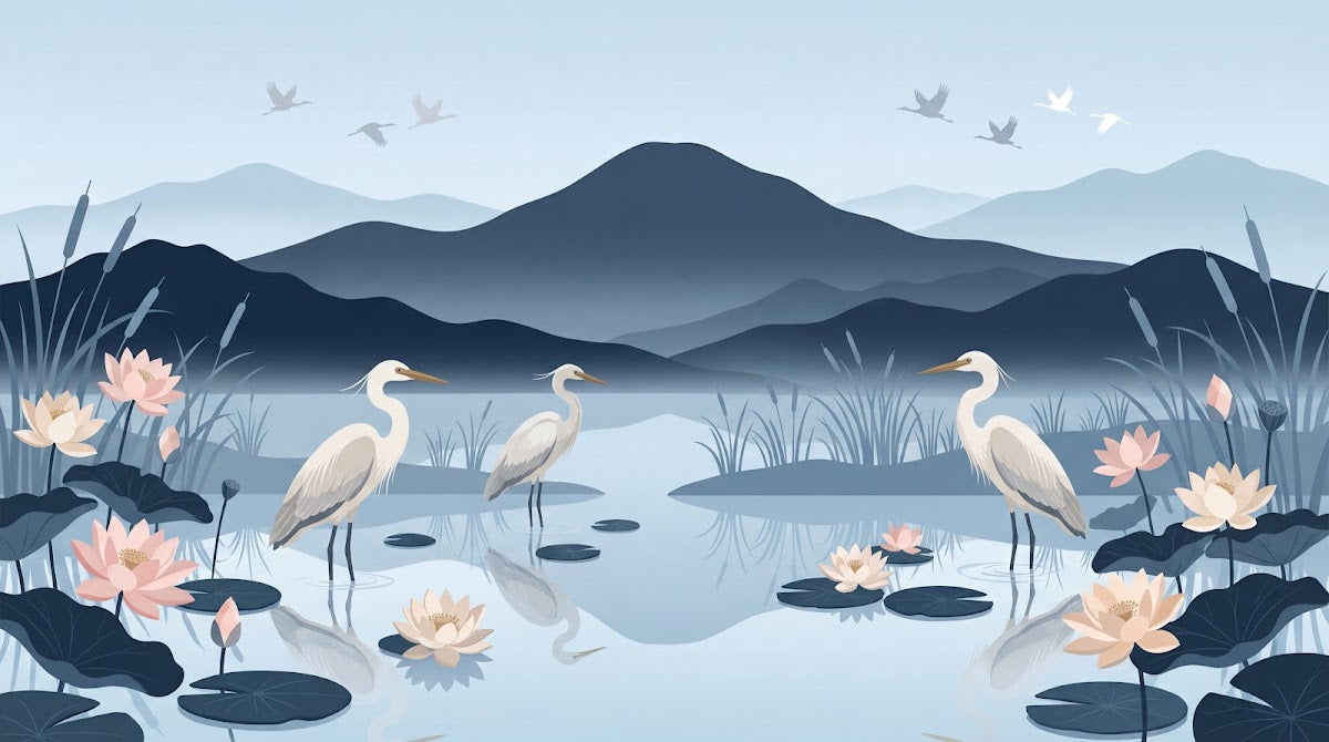 Papier peint panoramique japonais - Hérons étang lotus nénuphars montagnes tons bleu gris et rose poudré sur mesure - Design
