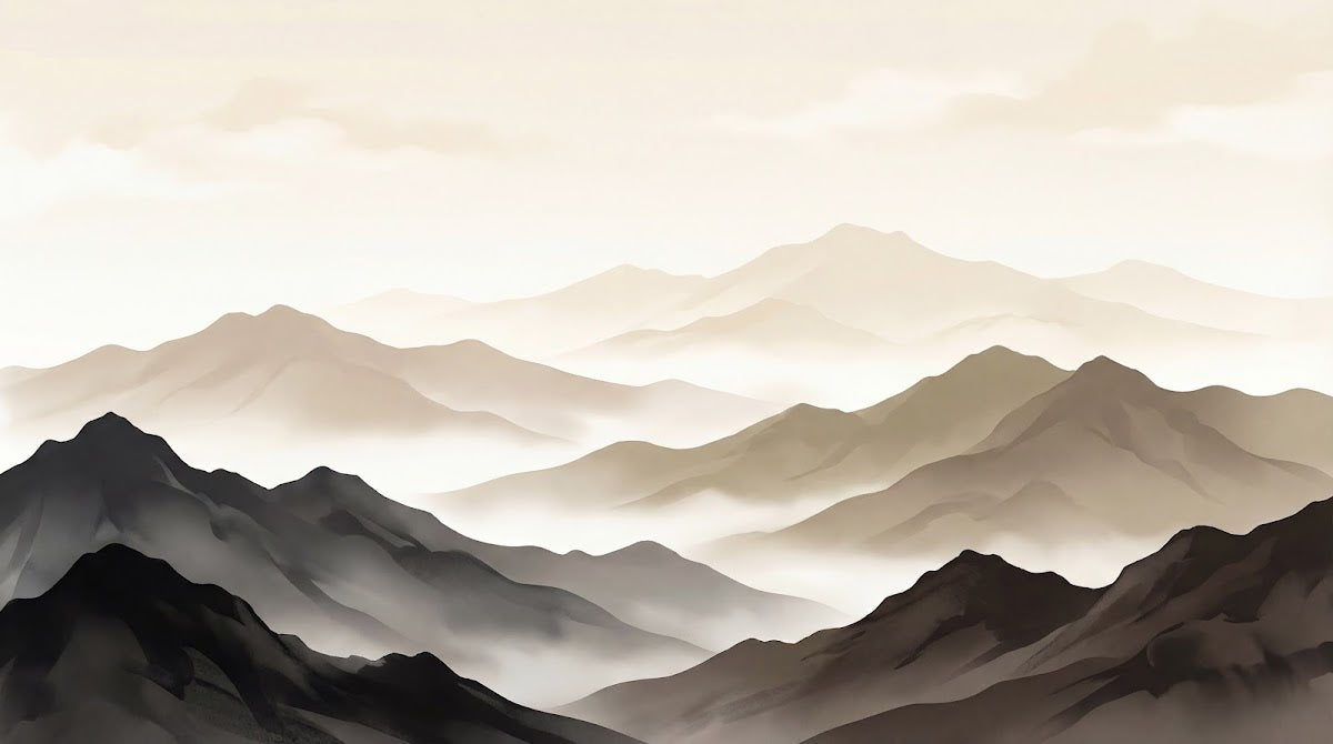 Papier peint panoramique montagne - Montagnes vaporeuses couches atmosphériques tons beige crème et gris taupe sur mesure - Design