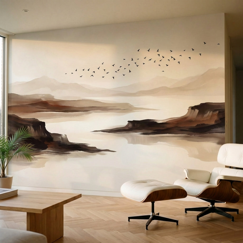papier peint panoramique brume paysage vallees montagnes oiseaux migrateurs tons-2