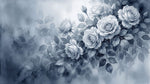 Papier peint panoramique floral - Roses romantiques feuillage délicat tons gris perle et blanc sur mesure - Design