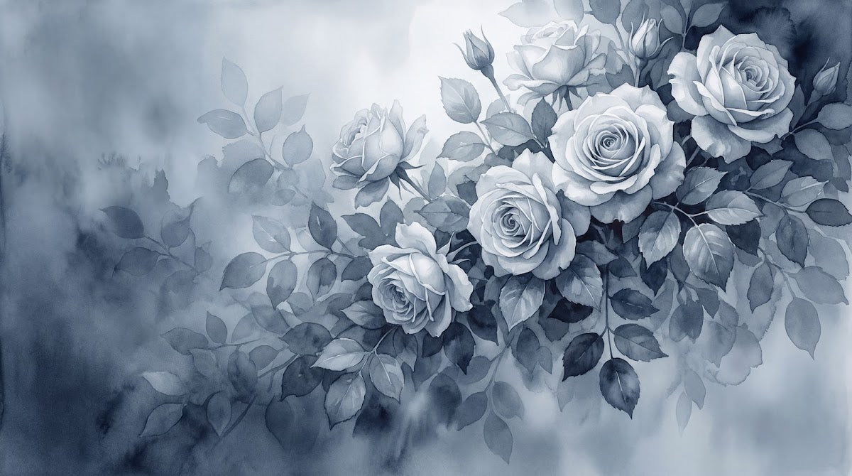 Papier peint panoramique floral - Roses romantiques feuillage délicat tons gris perle et blanc sur mesure - Design