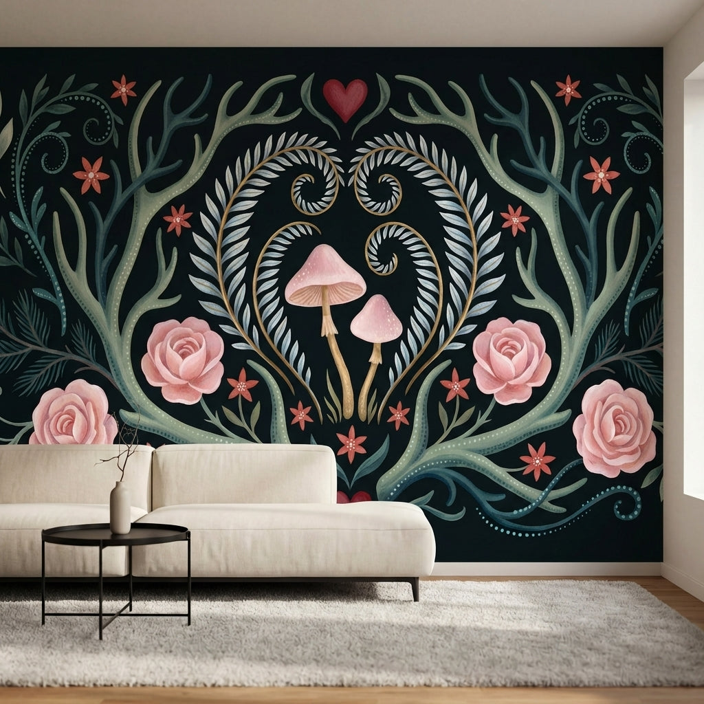 papier peint panoramique cerf bois ornementaux coeur roses champignons feuillage-1