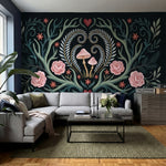 papier peint panoramique cerf bois ornementaux coeur roses champignons feuillage-9
