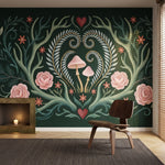 papier peint panoramique cerf bois ornementaux coeur roses champignons feuillage-HERO-10