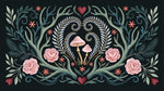 Papier peint panoramique cerf - Bois ornementaux coeur roses champignons feuillage fond vert sapin sur mesure - Design