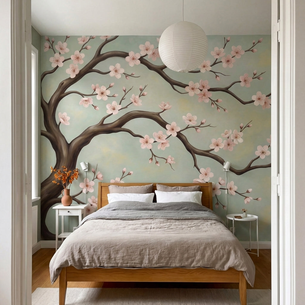 papier peint panoramique cerisier japonais branche fleurie sakura roses fond bei-10