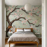 papier peint panoramique cerisier japonais branche fleurie sakura roses fond bei-10