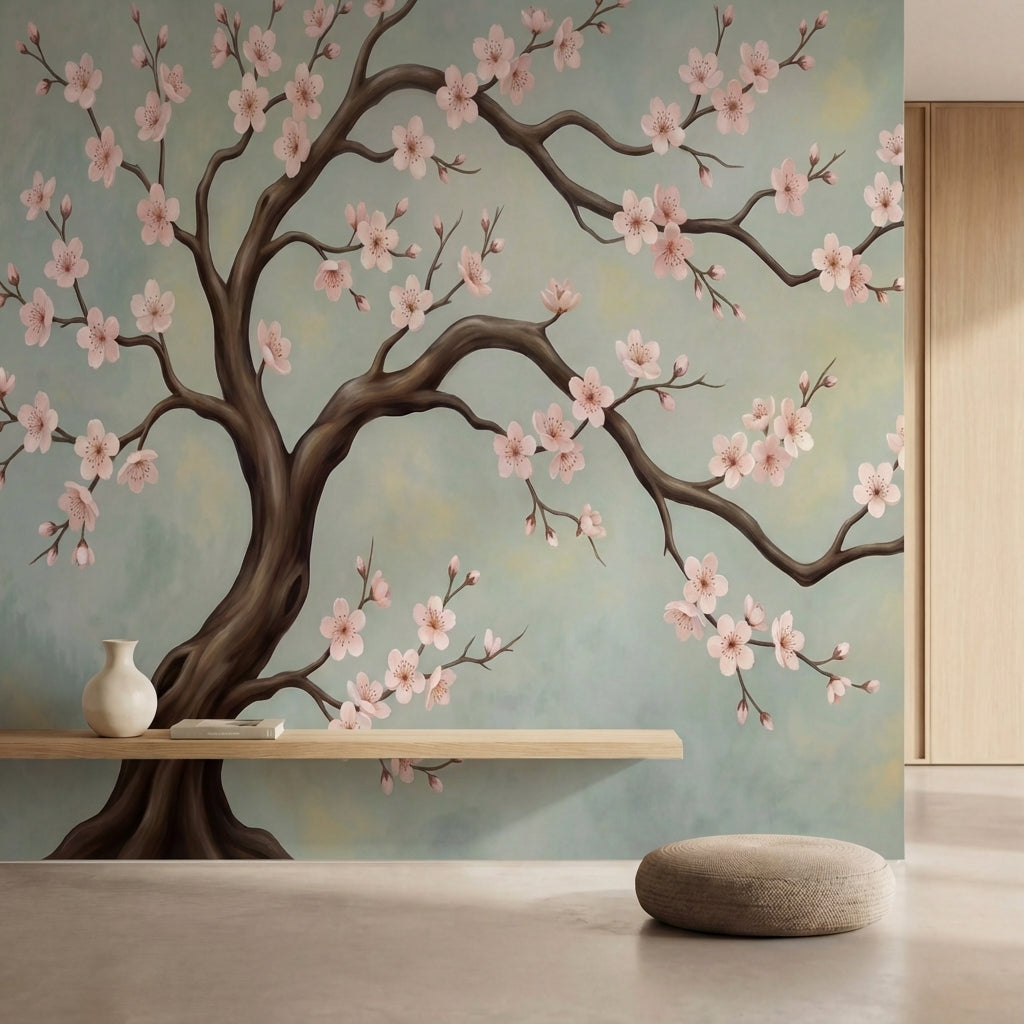 papier peint panoramique cerisier japonais branche fleurie sakura roses fond bei-2