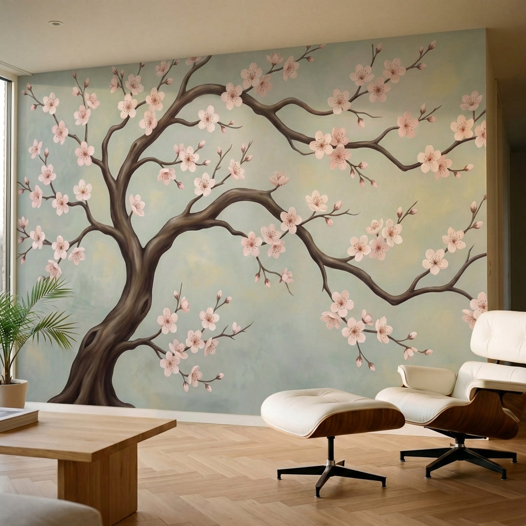 papier peint panoramique cerisier japonais branche fleurie sakura roses fond bei-3