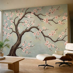 papier peint panoramique cerisier japonais branche fleurie sakura roses fond bei-3
