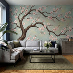 papier peint panoramique cerisier japonais branche fleurie sakura roses fond bei-6
