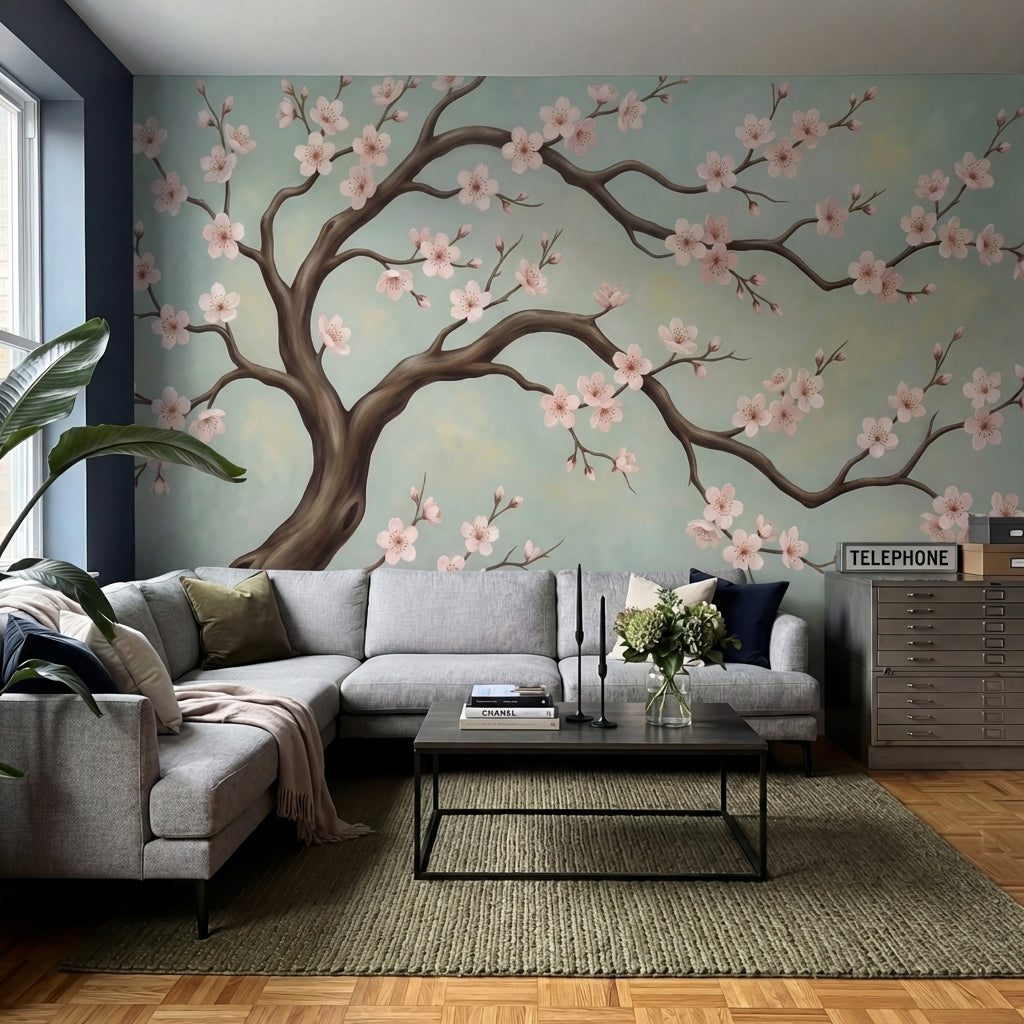 papier peint panoramique cerisier japonais branche fleurie sakura roses fond bei-6