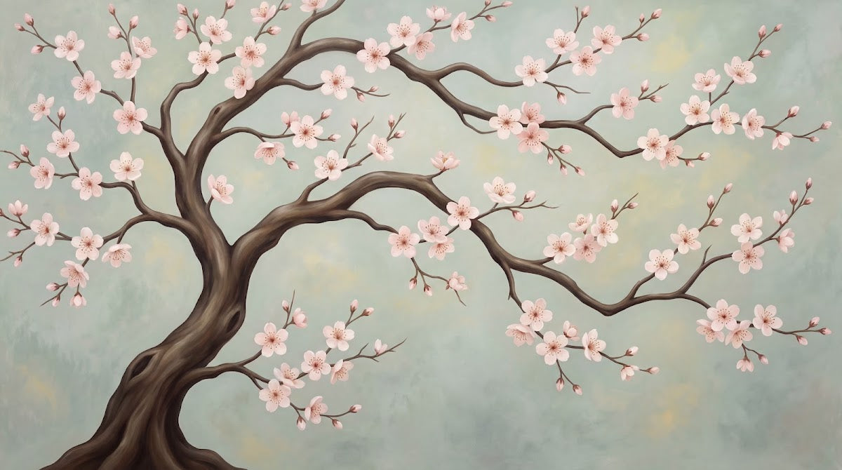 Papier peint panoramique cerisier japonais - Branche fleurie sakura roses fond beige crème et gris sur mesure - Design