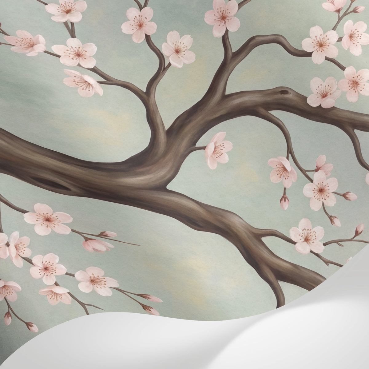 Papier peint panoramique cerisier japonais - Branche fleurie sakura roses fond beige crème et gris sur mesure - Matière