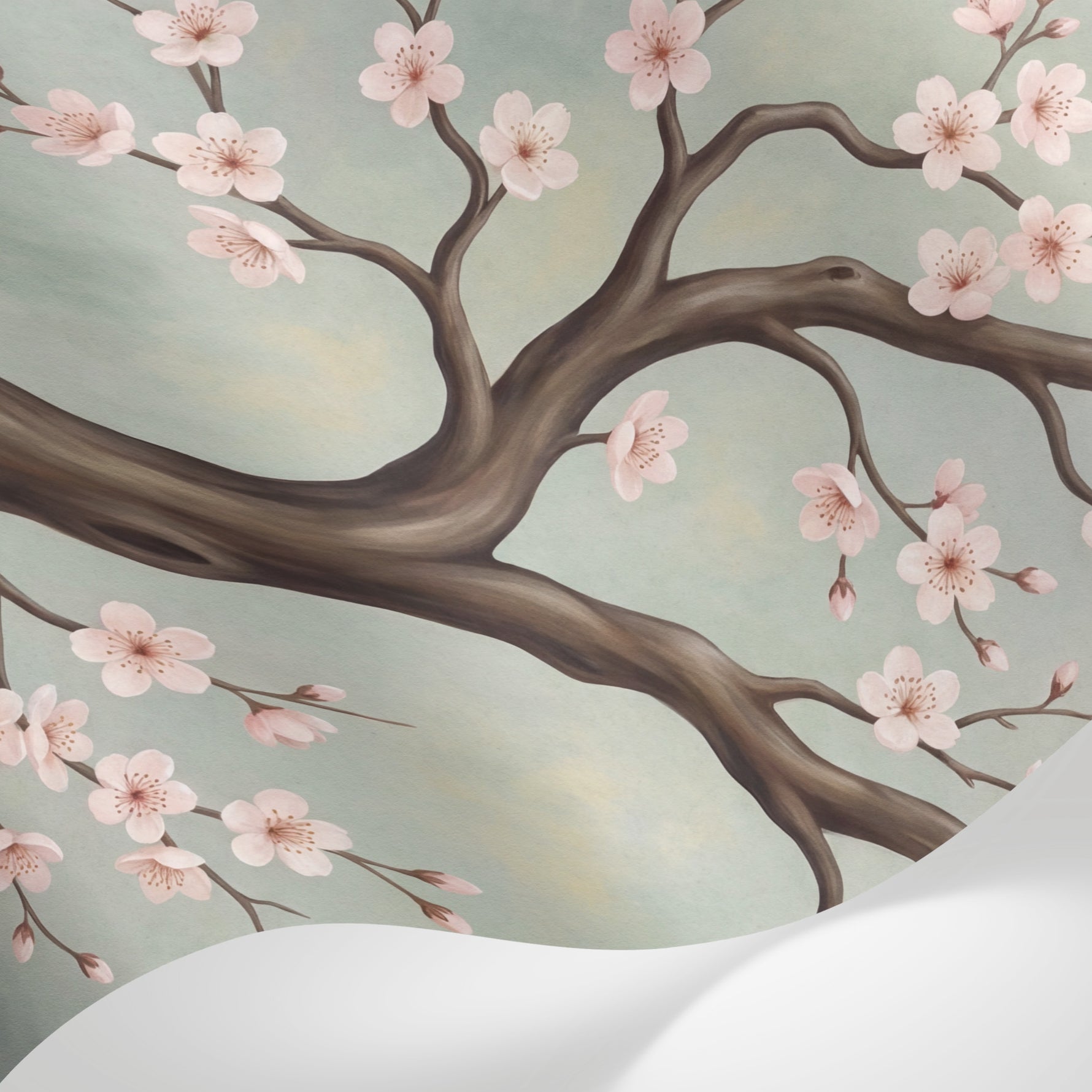 Papier peint panoramique cerisier japonais - Branche fleurie sakura roses fond beige crème et gris sur mesure - Matière