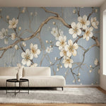 papier peint panoramique cerisier japonais branches fleuries blanches dorees fon-1
