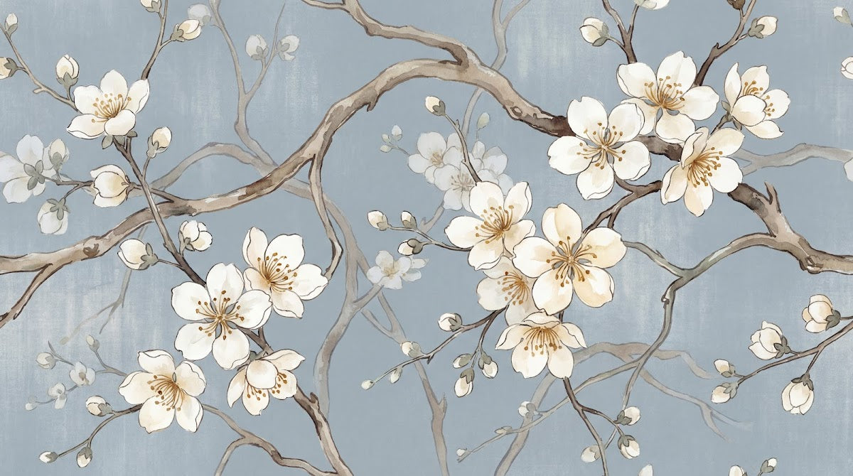 Papier peint panoramique cerisier japonais - Branches fleuries blanches dorées fond gris bleu nuancé sur mesure - Design