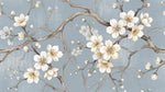 Papier peint panoramique cerisier japonais - Branches fleuries blanches dorées fond gris bleu nuancé sur mesure - Design